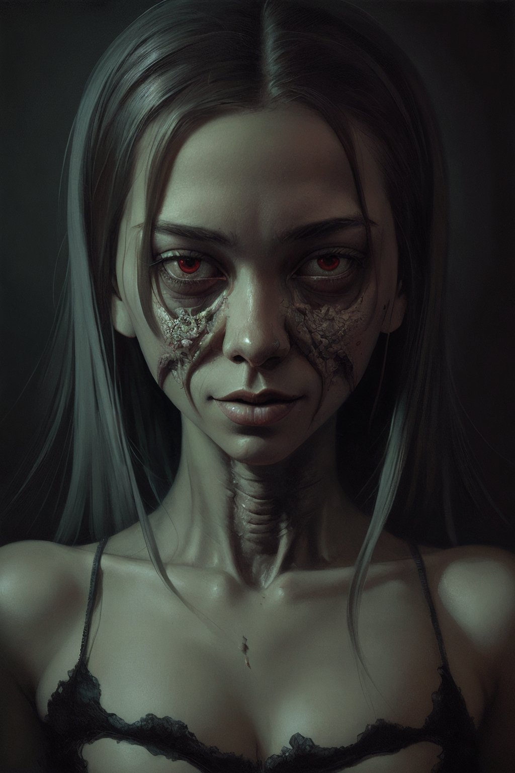 (artwork in the style of Anton Semenov:1.5),(an image:0.5),(beautiful woman,contemporary, dark, digital, horror, illustration, painting, shock-art, surreal:1.0)