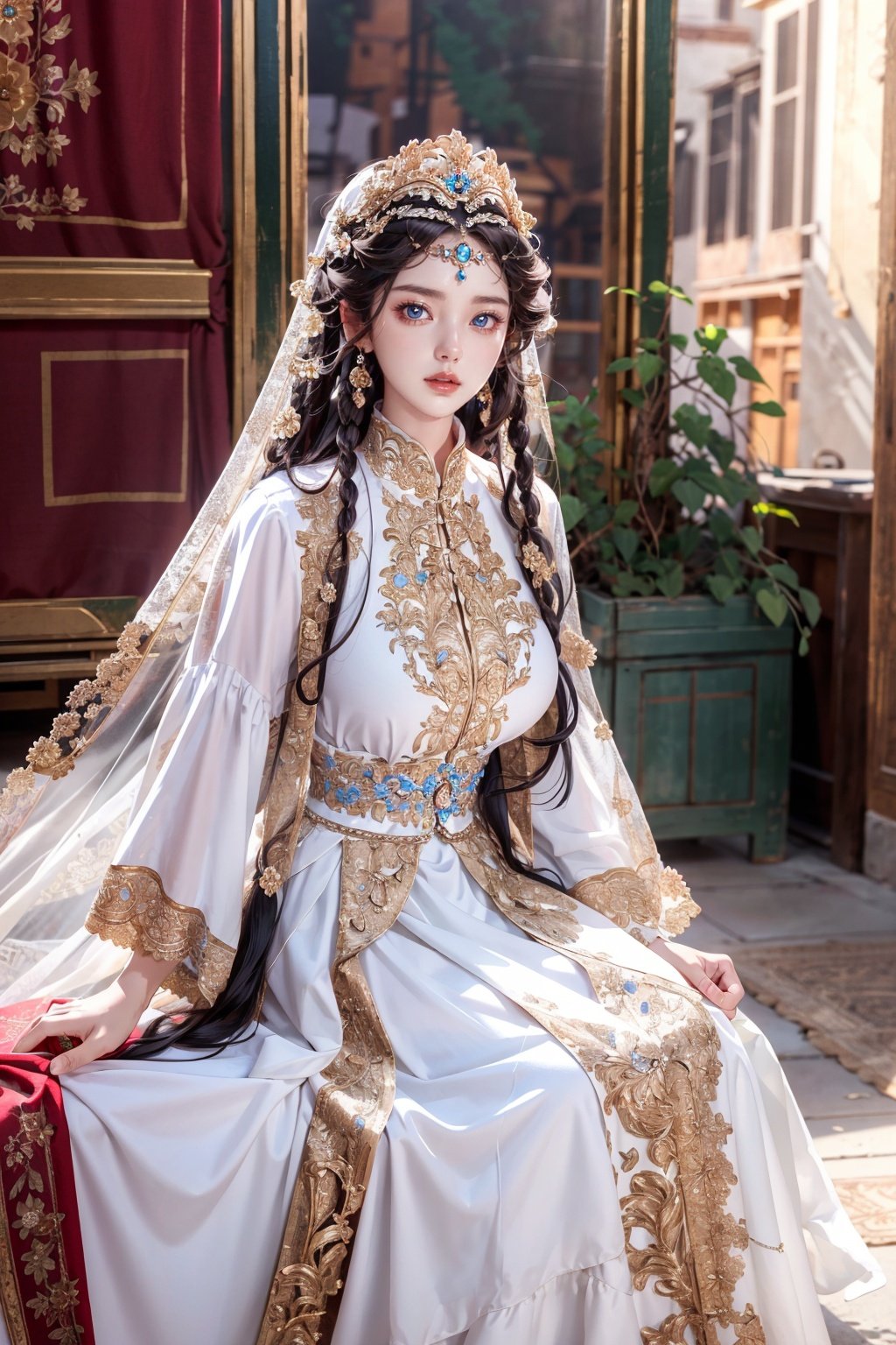 (Masterpiece, Best Quality), a girl in a white and blue dress. Luxurious dress, detailed fabric texture, ray tracing, ultra wide angle, 4K, award-winning, Yuyao, huge breasts, long hair, luxury, nobility, beauty, ultra realistic, ultra clear picture quality, 8K, luxurious palace background, domineering queen, enchanting figure, dynamic posture, sitting, full of immortality, soft light. On the other side of the flower is a large box, official art, 8k unit wallpaper, super detailed, beautiful, masterpiece, best quality, very detailed, dynamic angle, realistic, realistic, detailed details, clear focus, movie lighting,