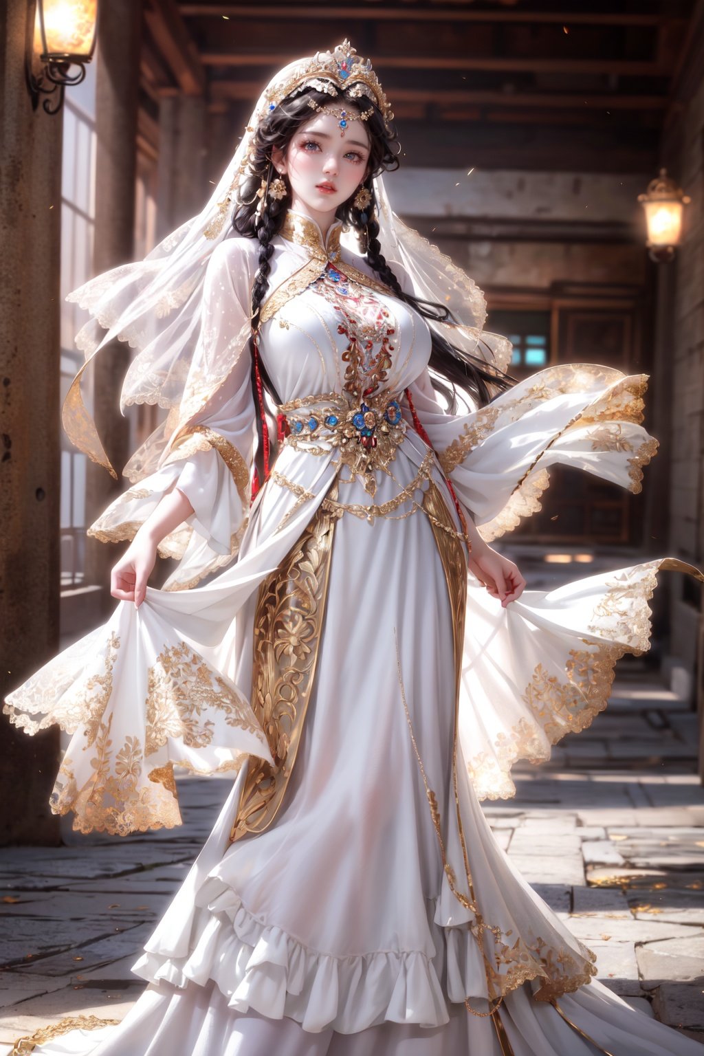 Luxury, noble, beautiful, super realistic, super clear picture quality, 8k, luxurious palace background, overbearing queen, enchanting figure, hand behind, background with holy light runes flashing, immortal aura diffuse, soft light... The other side flower has a big chest, official art, unit 8k wallpaper, super detailed, beautiful and beautiful, masterpiece, best quality, very detailed, dynamic Angle, paper skin, radius, brightness, a painting, a girl in a white and gold gauze dress standing elegantly. Her clothes reflect a luxurious texture, and her presence radiates power. (Masterpiece, best quality, more detail, vertical, realistic, realistic, one detail, sharp focus, movie lighting), ray tracing, Ultra Wide Angle, 4K, Award winning, Yuyao, huge breasts, long hair,