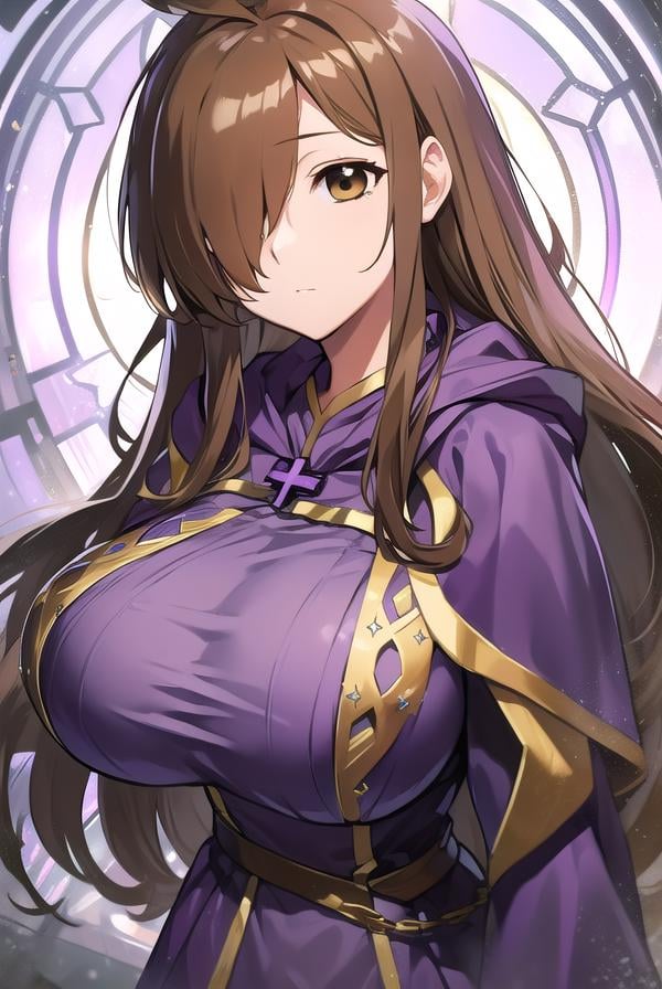 konosubawiz, <lyco:wiz-LYCORIStest:1>, wiz, ahoge, (brown eyes:1.7), light brown hair, (hair over one eye:1.5), long hair, (large breast:1.2),BREAK cross, dress, hood, hood down, jewelry, latin cross, long dress, long sleeves, (purple dress:1.5), robe, (purple robe:1.5),BREAK looking at viewer,BREAK outdoors,BREAK <lora:GoodHands-vanilla:1>, (masterpiece:1.2), best quality, high resolution, unity 8k wallpaper, (illustration:0.8), (beautiful detailed eyes:1.6), extremely detailed face, perfect lighting, extremely detailed CG, (perfect hands, perfect anatomy),