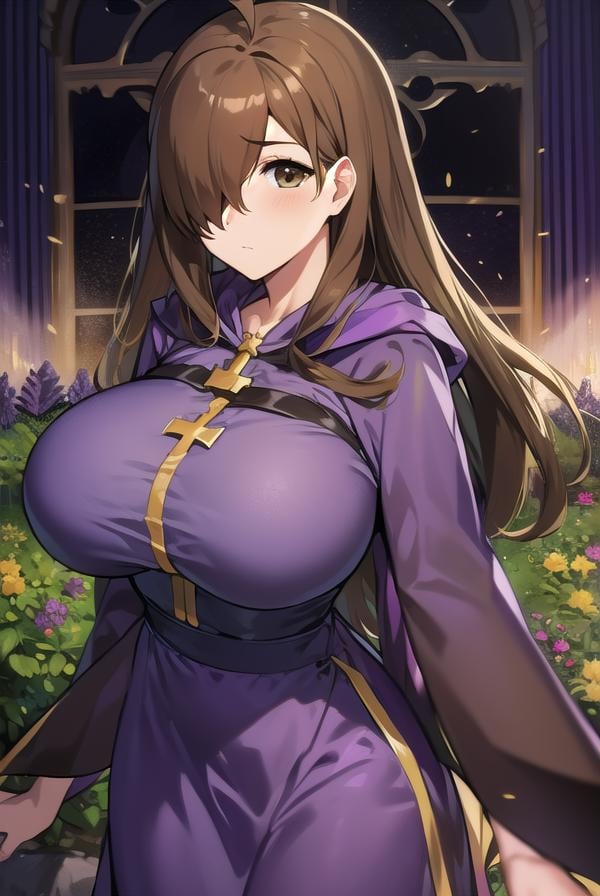 konosubawiz, <lyco:wiz-LYCORIStest:1>, wiz, ahoge, (brown eyes:1.7), light brown hair, (hair over one eye:1.5), long hair, (large breast:1.2),BREAK cross, dress, hood, hood down, jewelry, latin cross, long dress, long sleeves, (purple dress:1.5), robe, (purple robe:1.5),BREAK looking at viewer,BREAK outdoors,BREAK <lora:GoodHands-vanilla:1>, (masterpiece:1.2), best quality, high resolution, unity 8k wallpaper, (illustration:0.8), (beautiful detailed eyes:1.6), extremely detailed face, perfect lighting, extremely detailed CG, (perfect hands, perfect anatomy),