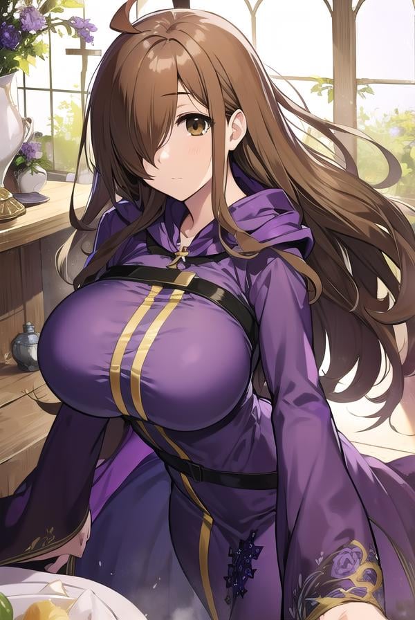 konosubawiz, <lyco:wiz-LYCORIStest:1>, wiz, ahoge, (brown eyes:1.7), light brown hair, (hair over one eye:1.5), long hair, (large breast:1.2),BREAK cross, dress, hood, hood down, jewelry, latin cross, long dress, long sleeves, (purple dress:1.5), robe, (purple robe:1.5),BREAK looking at viewer,BREAK outdoors,BREAK <lora:GoodHands-vanilla:1>, (masterpiece:1.2), best quality, high resolution, unity 8k wallpaper, (illustration:0.8), (beautiful detailed eyes:1.6), extremely detailed face, perfect lighting, extremely detailed CG, (perfect hands, perfect anatomy),