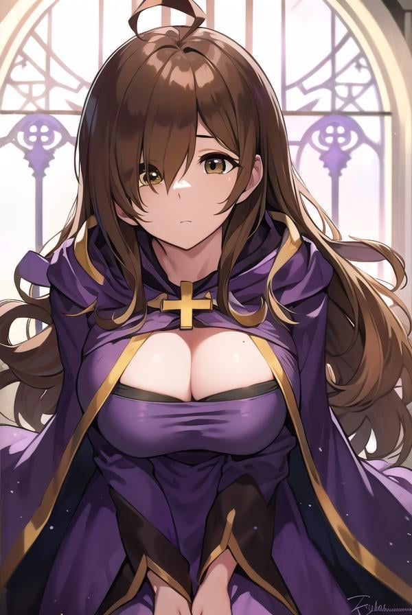 konosubawiz, <lyco:wiz-LYCORIStest:1>, wiz, ahoge, (brown eyes:1.7), light brown hair, (hair over one eye:1.5), long hair, (large breast:1.2),BREAK cross, dress, hood, hood down, jewelry, latin cross, long dress, long sleeves, (purple dress:1.5), robe, (purple robe:1.5),BREAK looking at viewer,BREAK outdoors,BREAK <lora:GoodHands-vanilla:1>, (masterpiece:1.2), best quality, high resolution, unity 8k wallpaper, (illustration:0.8), (beautiful detailed eyes:1.6), extremely detailed face, perfect lighting, extremely detailed CG, (perfect hands, perfect anatomy),