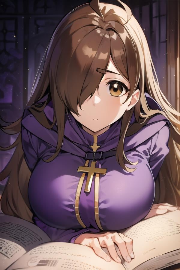 konosubawiz, <lyco:wiz-LYCORIStest:1>, wiz, ahoge, (brown eyes:1.7), light brown hair, (hair over one eye:1.5), long hair, (large breast:1.2),BREAK cross, dress, hood, hood down, jewelry, latin cross, long dress, long sleeves, (purple dress:1.5), robe, (purple robe:1.5),BREAK looking at viewer,BREAK outdoors,BREAK <lora:GoodHands-vanilla:1>, (masterpiece:1.2), best quality, high resolution, unity 8k wallpaper, (illustration:0.8), (beautiful detailed eyes:1.6), extremely detailed face, perfect lighting, extremely detailed CG, (perfect hands, perfect anatomy),