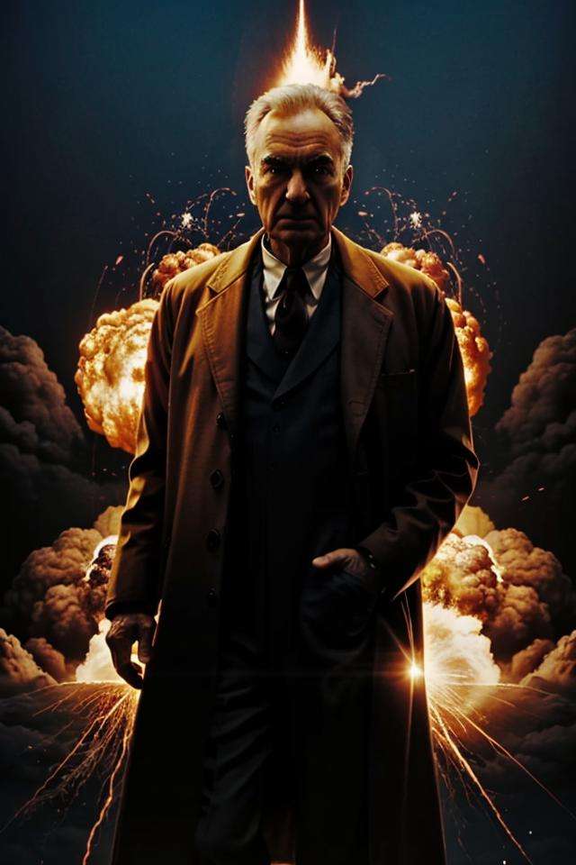 a upper body shot photo of 1man surrounded by orange explode,Oppenheimer,white coat,silhouette,cutout,nuclear explosion,blurry background,<lora:Oppenheimer>,