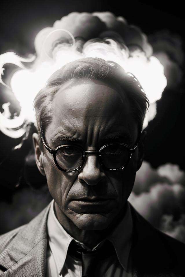 cinematic style,1boy,Robert Downey Jr,white suit,monochrome,facing aside,close-up,silhouette,explode,nuclear explosion,flame,solo,surrounded by orange smoke,outdoors,masterpiece,best quality,ultra highres,beautiful and detailed skin,<lora:Oppenheimer-000000:1>,