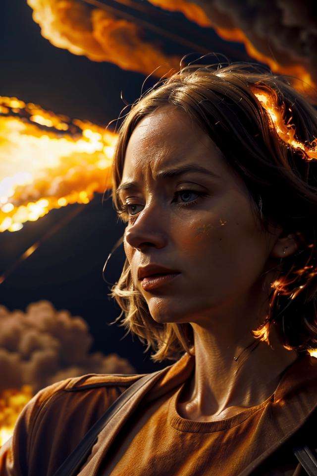 cinematic style,1girl,Emily Blunt,brown clothes,close-up,silhouette,explode,nuclear explosion,flame,solo,surrounded by orange smoke,(orange theme:1.5),outdoors,masterpiece,best quality,ultra highres,beautiful and detailed skin,<lora:Oppenheimer-000000:1>,