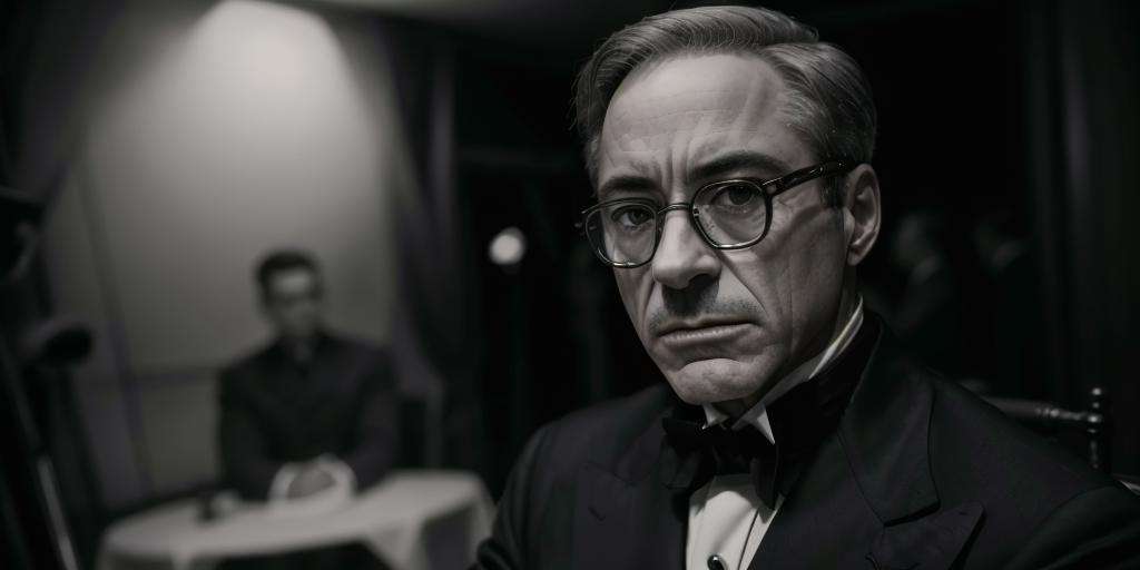 cinematic style,monochrome,Robert Downey Jr,close-up,talking,glasses,tailored suit,blurry background,facing aside,photorealistic,masterpiece,best quality,ultra highres,beautiful and detailed skin,realistic,dark,<lora:Oppenheimer-000000>,