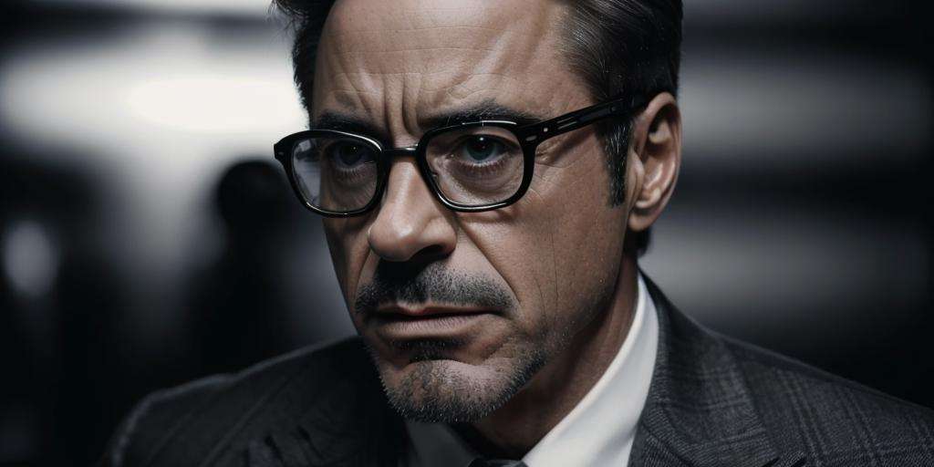 cinematic style, Robert Downey Jr, monochrome, close-up, talking, glasses, tailored suit, blurry background, facing asidephotorealistic,masterpiece,best quality,ultra highres,beautiful and detailed skin,realistic,dark,<lora:Oppenheimer-000000:0.6>,