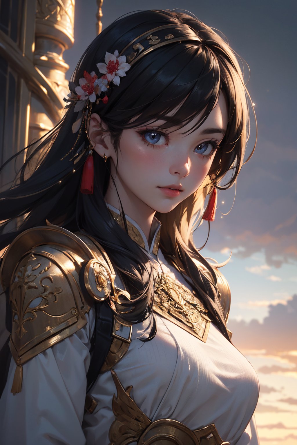 (masterpiece, best quality:1.5), (photorealistic:1.3), official art, absurdres, unity 32k wallpaper, ultra-detailed, intricate details, HDR, soft lighting, vibrant, depth of field, 1girl, chinese clothes, armor, moutain top, cloudy sky, sparkling, sparkle, glowing, glowing aura, dynamic angles, dynamic pose