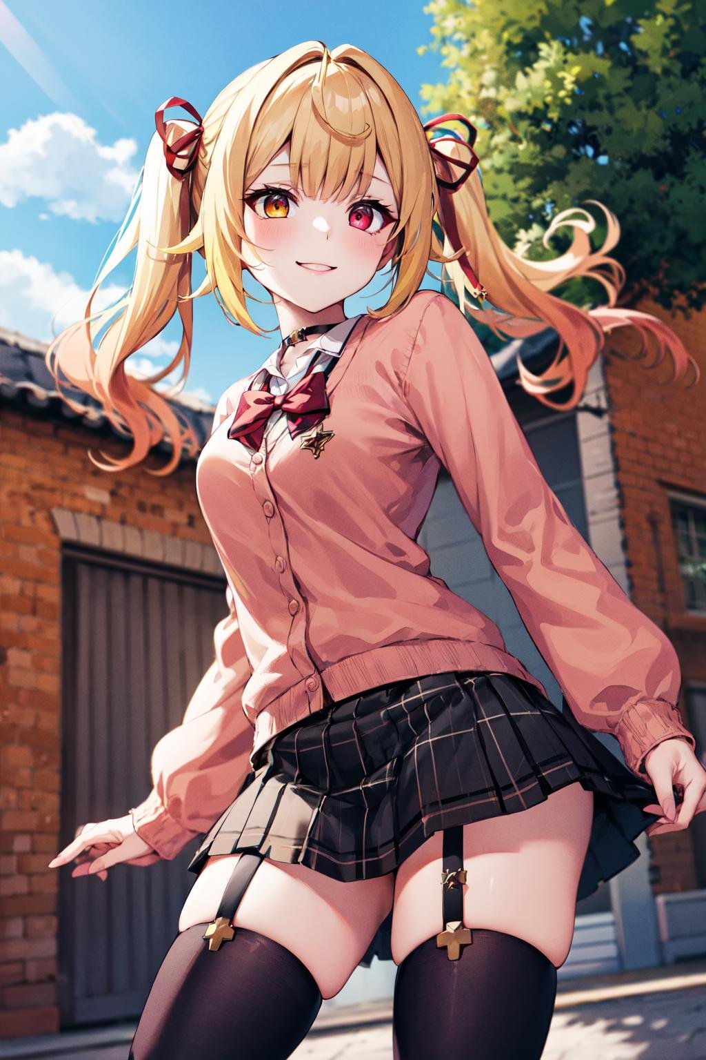 masterpiece, best quality, highres, hs1, red eyes, yellow eyes, twintails, hair ribbon, long sleeves, red bow, pink cardigan, black thighhighs, plaid skirt, red ribbon, black choker, garter straps, school uniform, <lora:hoshikawa_sara_v10:0.7>, outdoors, cowboy shot, standing, smile