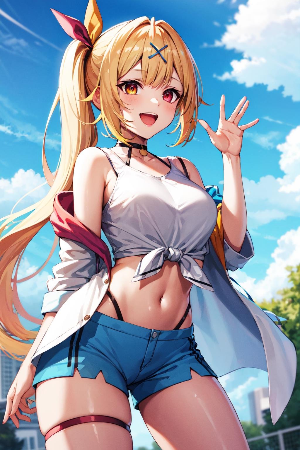 masterpiece, best quality, highres, hs1, red eyes, yellow eyes, side ponytail, x hair ornament, thigh strap, blue shorts, front-tie top, hair ribbon, midriff, short shorts, panty straps, white shirt, black choker, open jacket, <lora:hoshikawa_sara_v10:0.7>, cowboy shot, standing, smile, waving, open mouth, outdoors,