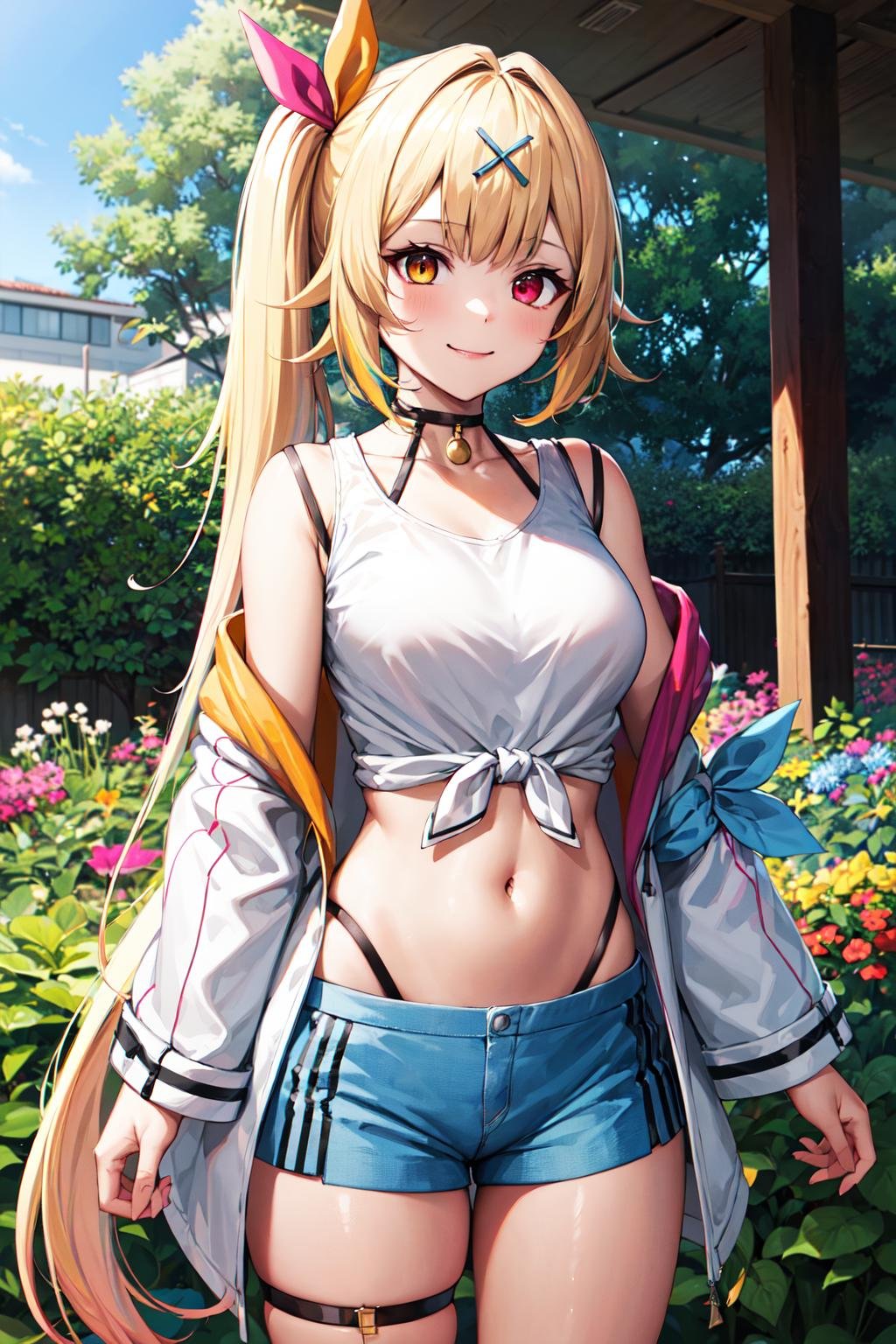 masterpiece, best quality, highres, hs1, red eyes, yellow eyes, side ponytail, x hair ornament, thigh strap, blue shorts, front-tie top, hair ribbon, midriff, short shorts, panty straps, white shirt, black choker, open jacket, <lora:hoshikawa_sara_v10:0.7>, cowboy shot, standing, smile, outdoors, garden