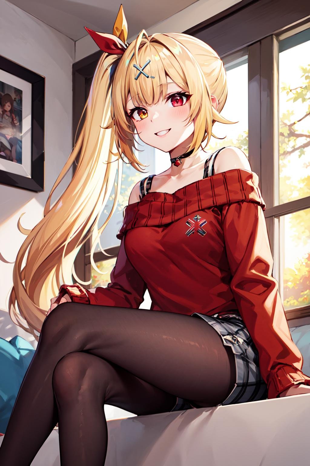 masterpiece, best quality, highres, hs1, red eyes, yellow eyes, side ponytail, x hair ornament, pantyhose, long sleeves, short shorts, off shoulder, plaid, black pantyhose, red sweater, black choker, <lora:hoshikawa_sara_v10:0.7>, cowboy shot, indoors, sitting, legs together, smile