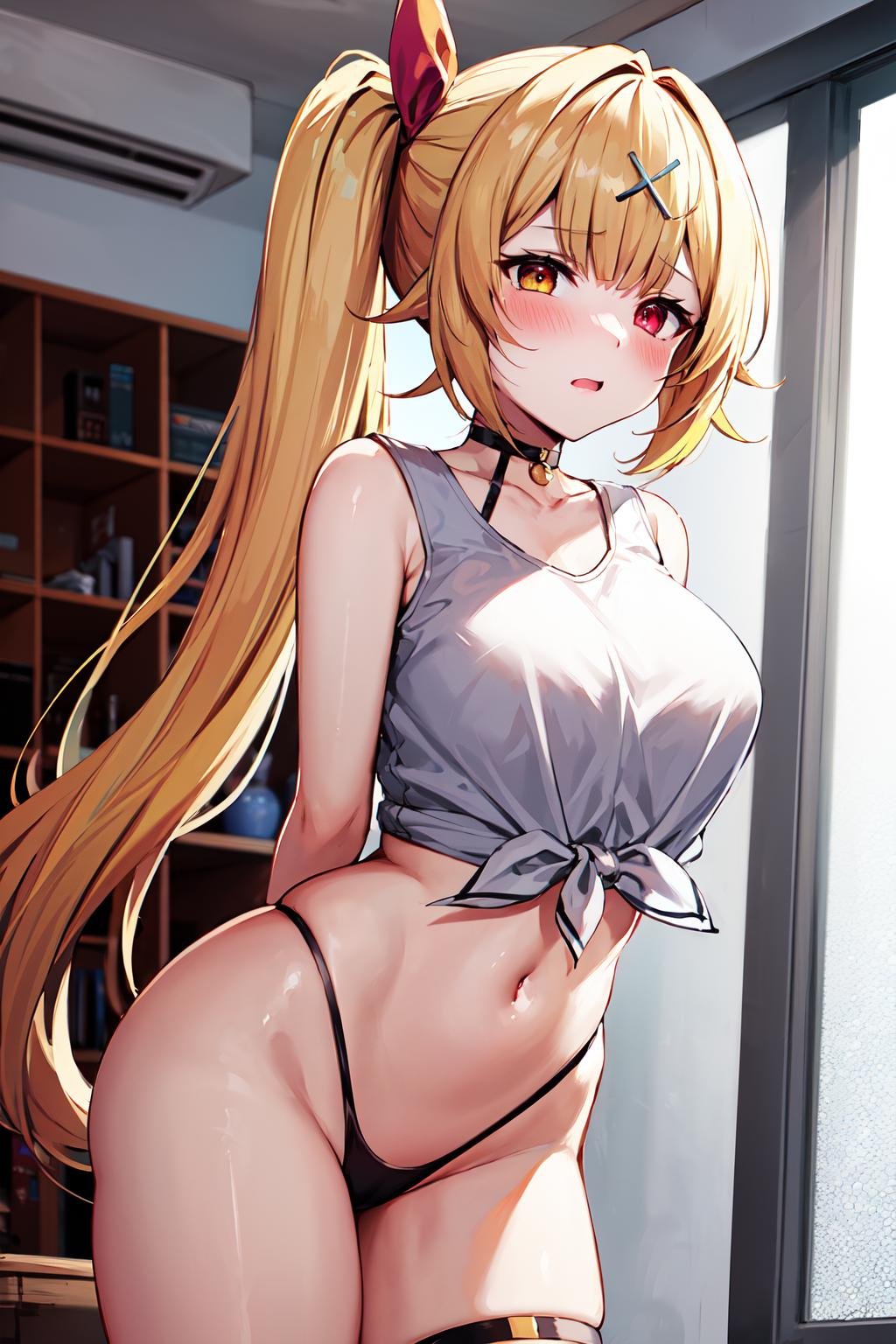 masterpiece, best quality, highres, hs1, red eyes, yellow eyes, side ponytail, x hair ornament, thigh strap, front-tie top, hair ribbon, midriff, thong, sleeveless, white shirt, black choker, <lora:hoshikawa_sara_v10:0.7>, embarrassed, blush, arms behind back, indoors