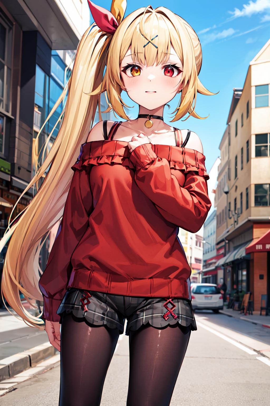 masterpiece, best quality, highres, hs1, red eyes, yellow eyes, side ponytail, x hair ornament, pantyhose, long sleeves, short shorts, off shoulder, plaid, black pantyhose, red sweater, black choker, <lora:hoshikawa_sara_v10:0.7>, cowboy shot, standing, street