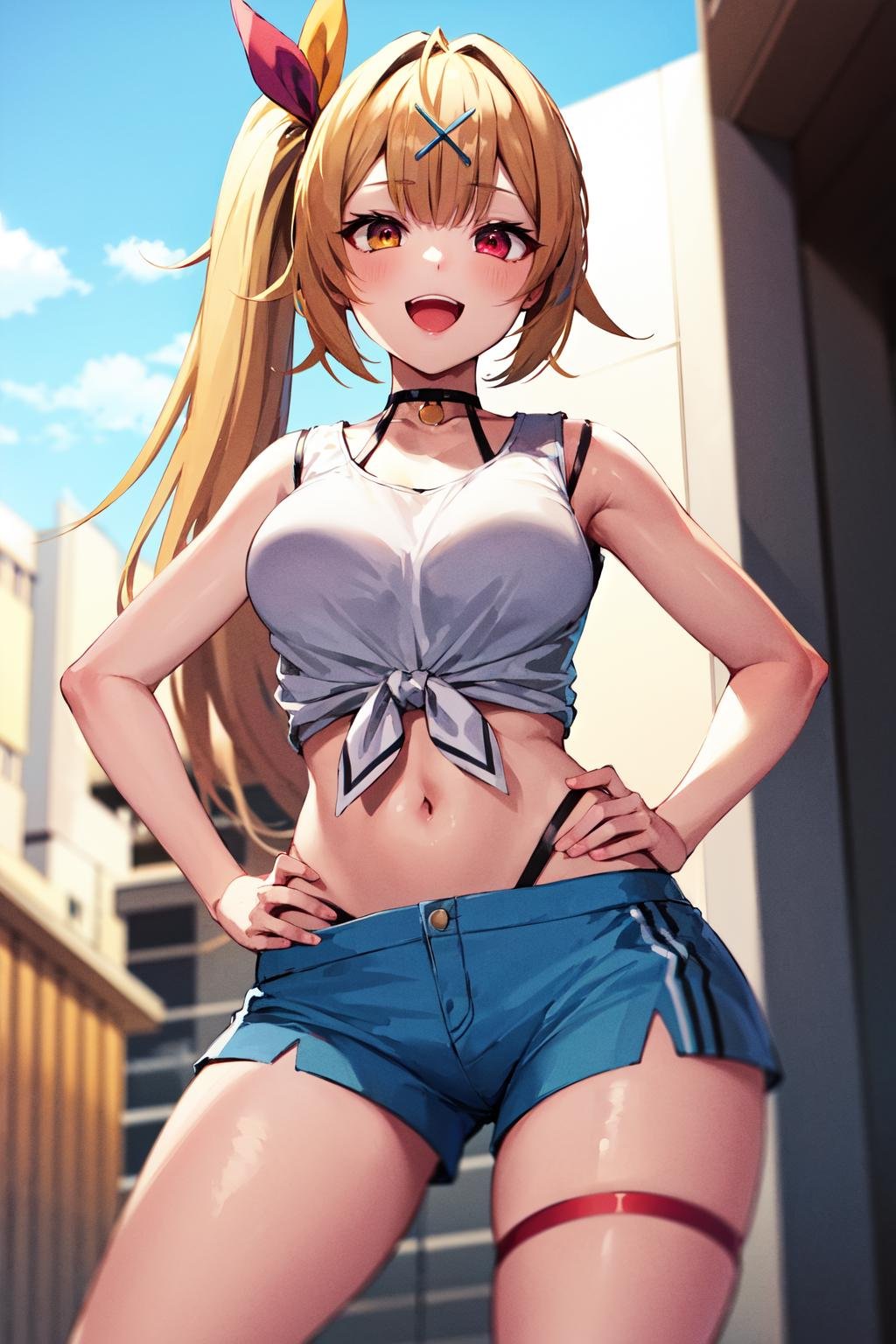 masterpiece, best quality, highres, hs1, red eyes, yellow eyes, side ponytail, x hair ornament, thigh strap, blue shorts, front-tie top, hair ribbon, midriff, short shorts, panty straps, sleeveless, white shirt, black choker, <lora:hoshikawa_sara_v10:0.7>, hand on hip, smile, open mouth, outdoors