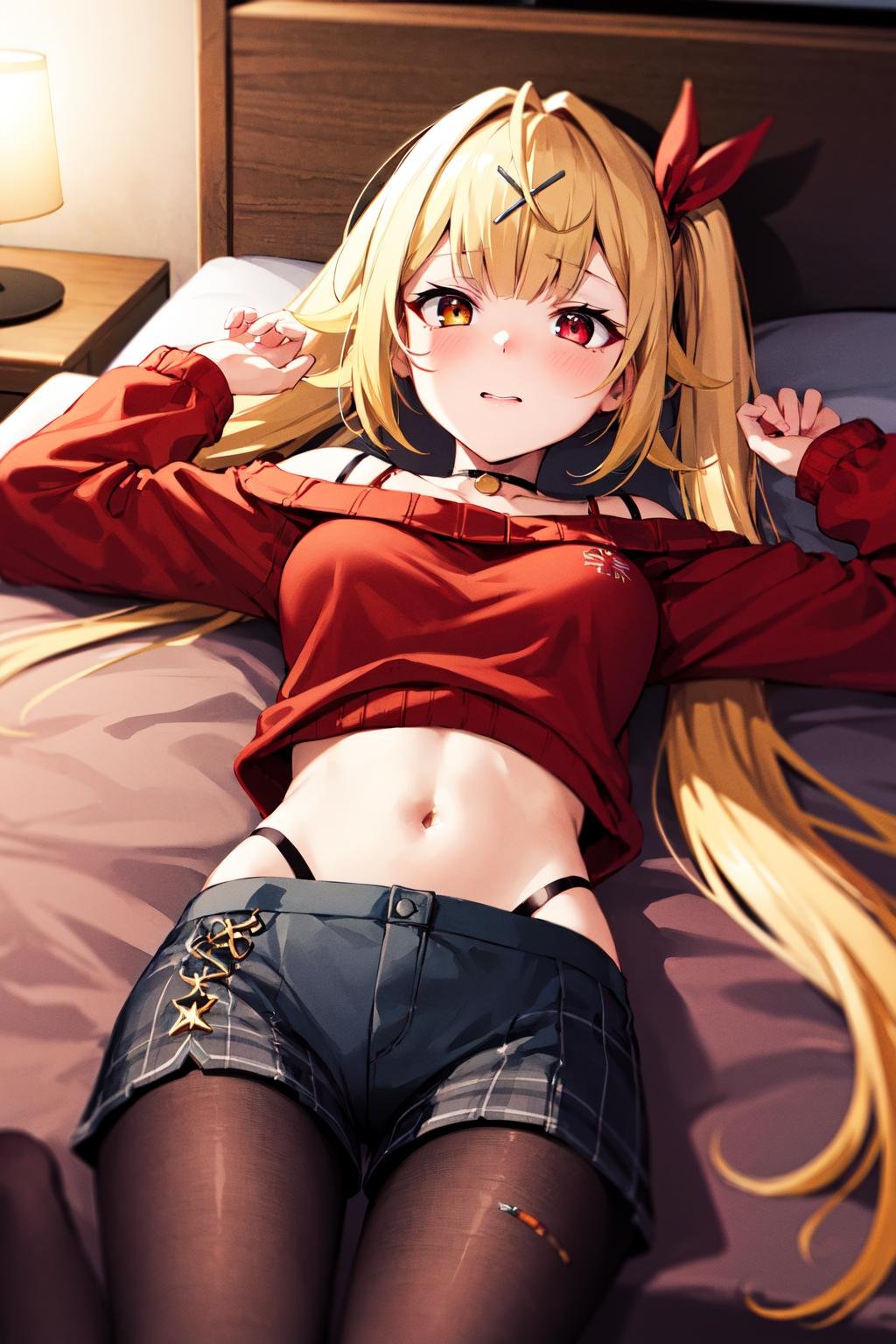 masterpiece, best quality, highres, hs1, red eyes, yellow eyes, side ponytail, x hair ornament, pantyhose, long sleeves, short shorts, off shoulder, plaid, black pantyhose, red sweater, black choker, <lora:hoshikawa_sara_v10:0.7>, cowboy shot, indoors, lying, embarrassed, navel, bed, spread arms, 