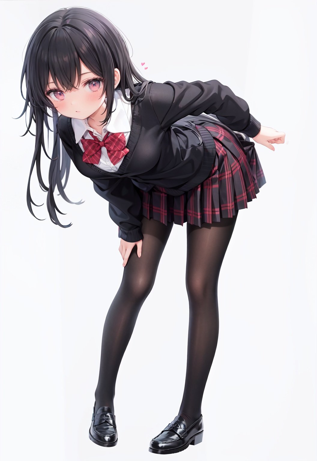 1girl, solo, pantyhose, skirt, long hair, loafers, shoes, simple background, school uniform, brown eyes, plaid, black pantyhose, plaid skirt, looking at viewer, black hair, pantyhose pull, full body, clothes pull, black footwear, pleated skirt, leaning forward, bangs, long sleeves, bent over, cardigan, bow, bowtie, standing, closed mouth, pulled by self, grey background, blush, miniskirt, red bow, sweater, undressing