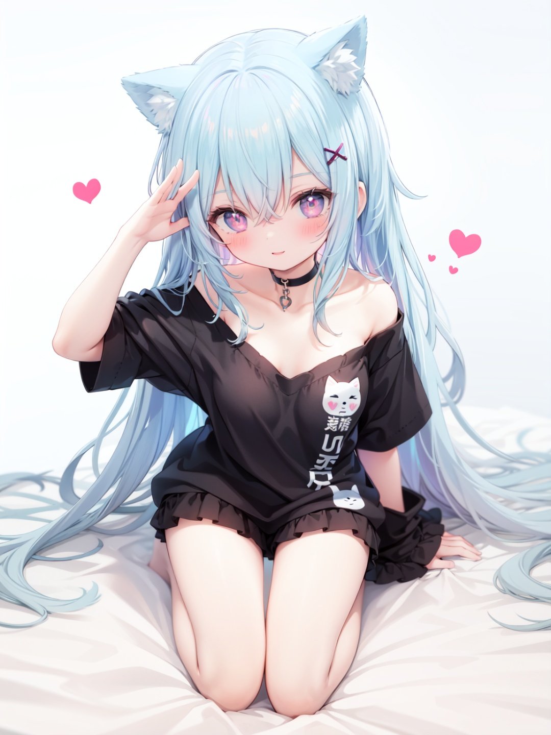 petite, loli, solo, animal ears, heart, puffy short sleeves, blue hair, long hair, off shoulder, bangs, hair ornament, gradient background,rainbow gradient, x hair ornament, animal ear fluff, looking at viewer, very long hair, blush, smile, cat ears, bare shoulders, collarbone, hand up, gradient sweater, hair between eyes, symbol-shaped pupils, arm up, heart-shaped pupils, hairclip, medium breasts, salute, bare legs,full body