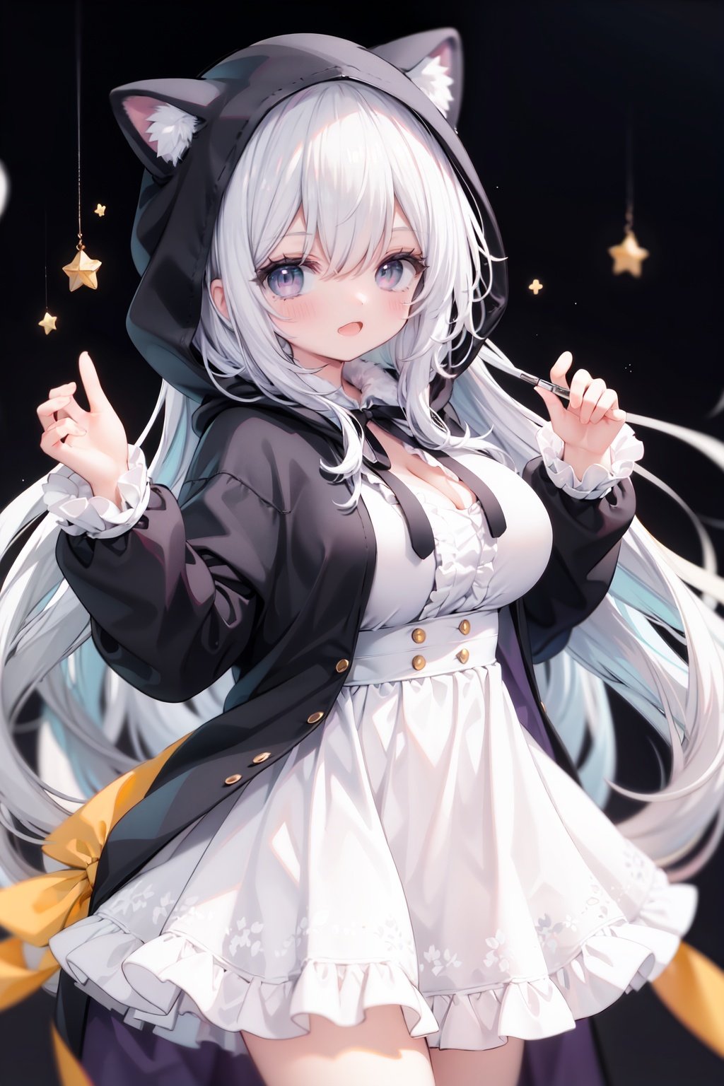 masterpiece, ((best quality)),  dynamic angle, chromatic aberration, ((colorful)),1girl, solo, hood, animal hood, breasts, frills, smile, hood up, yellow eyes, capelet, hair between eyes, blush, dress, long sleeves, looking at viewer, animal ears, large breasts, black ribbon, bangs, puffy long sleeves, :d, frilled dress, hand up, open mouth, white dress, puffy sleeves, hooded capelet, virtual *******r, frilled capelet, fang, white capelet, star (symbol)