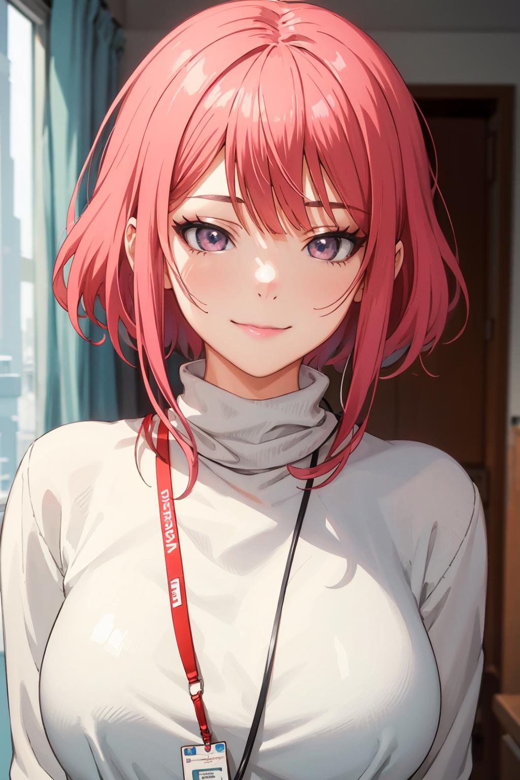 (masterpiece:1.3), (high resolution), (8K), (extremely detailed), (4k), (pixiv), perfect face, nice eyes and face, (best quality), (super detailed), detailed face and eyes, (solo), textured skin, absurdres, highres, Miho_T,1 girl,solo, short hair,pink hair,looking at viewer,large breasts,white sweater, turtleneck ,long sleeves,id card, lanyard,smirk face,room  <lora:Miho_Tsujinaka-07:0.6>