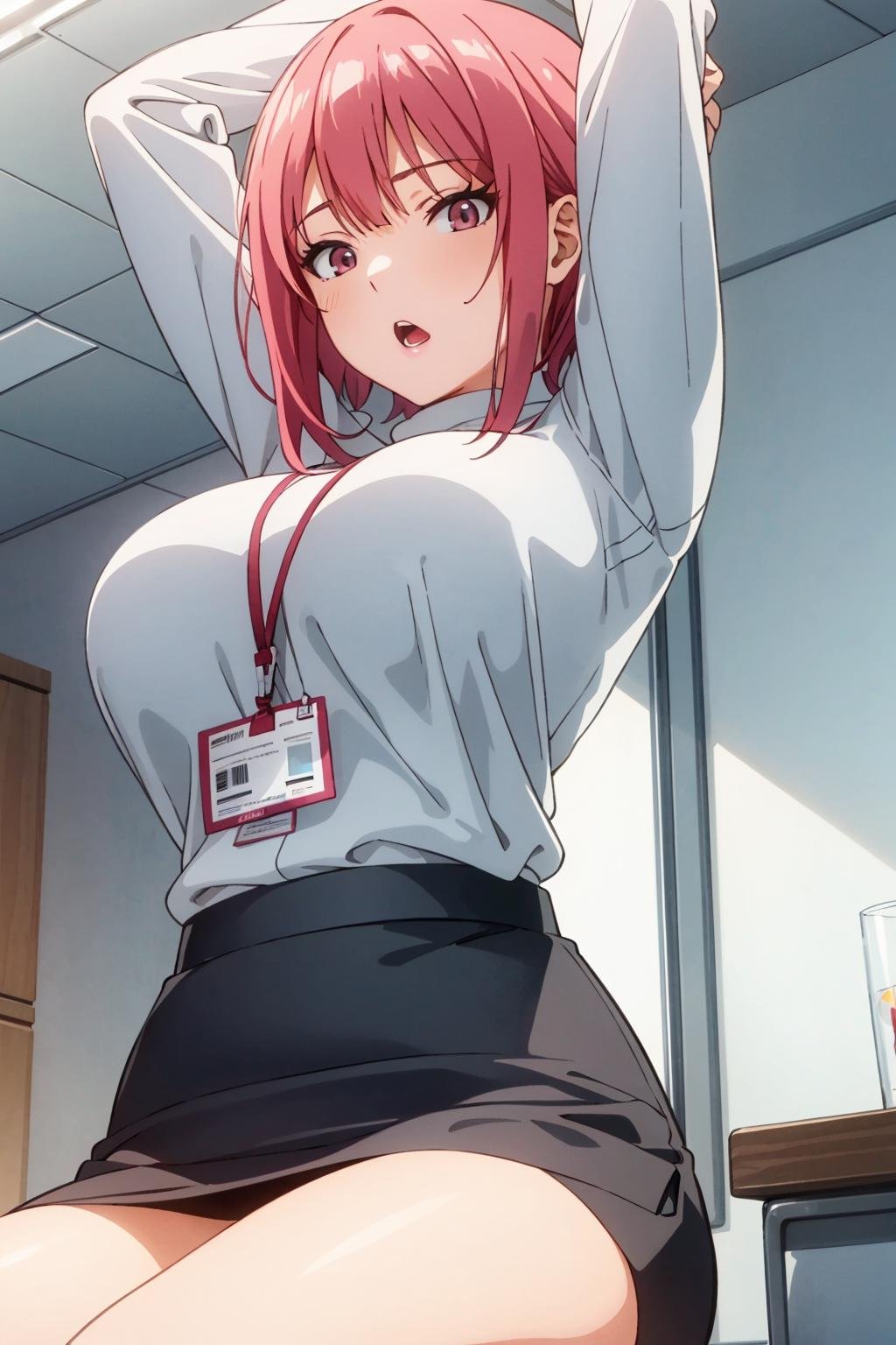 (extremely detailed fine touch:1.2), (natural light, sun light, light rays, dappled light, ray tracing:1.2) , masterpiece, best quality, highly quality , Miho_T,1 girl,solo, short hair,pink hair,large breast,stretching, arms up,siting,from below,open mouth,looking at viewer, white sweater, turtleneck ,long sleeves, grey skirt,pencil skirt,office lady, id card, lanyard,stretching, arms up,indoors,office,  <lora:Miho_Tsujinaka-07:0.6>