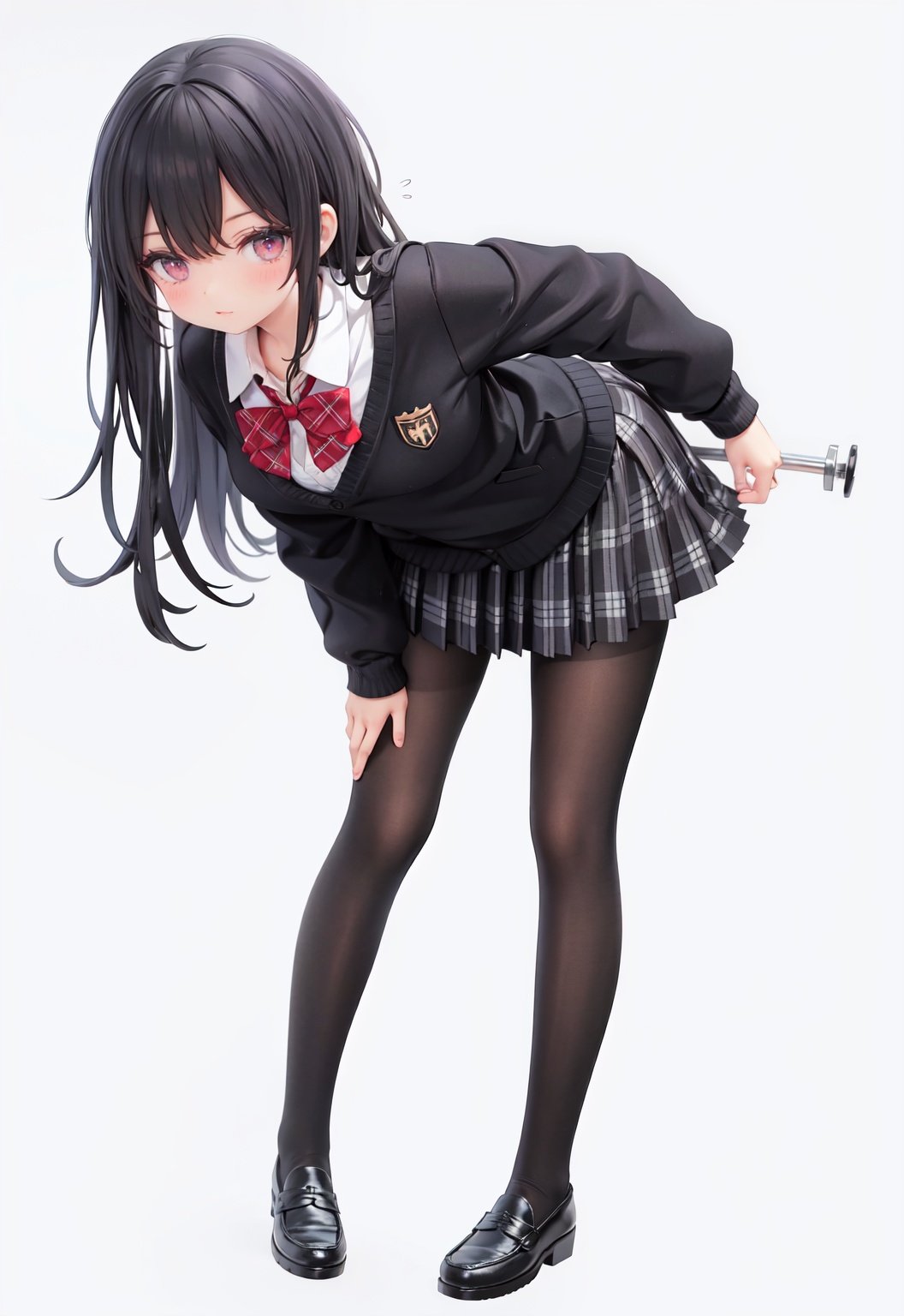 1girl, solo, pantyhose, skirt, long hair, loafers, shoes, simple background, school uniform, brown eyes, plaid, black pantyhose, plaid skirt, looking at viewer, black hair, pantyhose pull, full body, clothes pull, black footwear, pleated skirt, leaning forward, bangs, long sleeves, bent over, cardigan, bow, bowtie, standing, closed mouth, pulled by self, grey background, blush, miniskirt, red bow, sweater, undressing