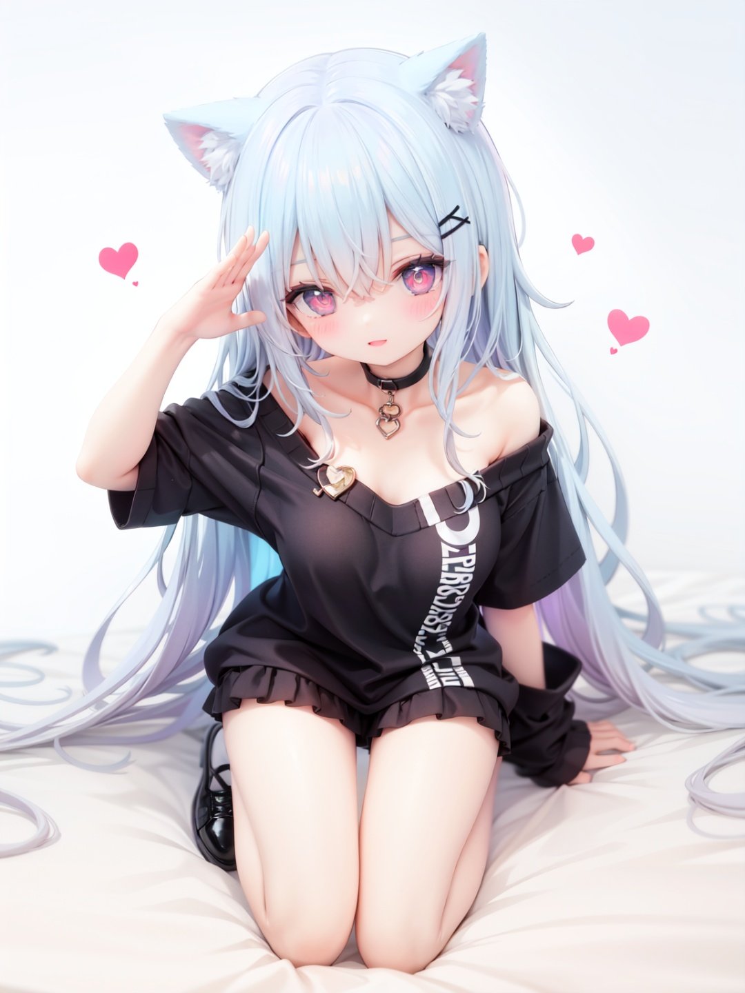 petite, loli, solo, animal ears, heart, puffy short sleeves, blue hair, long hair, off shoulder, bangs, hair ornament, gradient background,rainbow gradient, x hair ornament, animal ear fluff, looking at viewer, very long hair, blush, smile, cat ears, bare shoulders, collarbone, hand up, gradient sweater, hair between eyes, symbol-shaped pupils, arm up, heart-shaped pupils, hairclip, medium breasts, salute, bare legs,full body