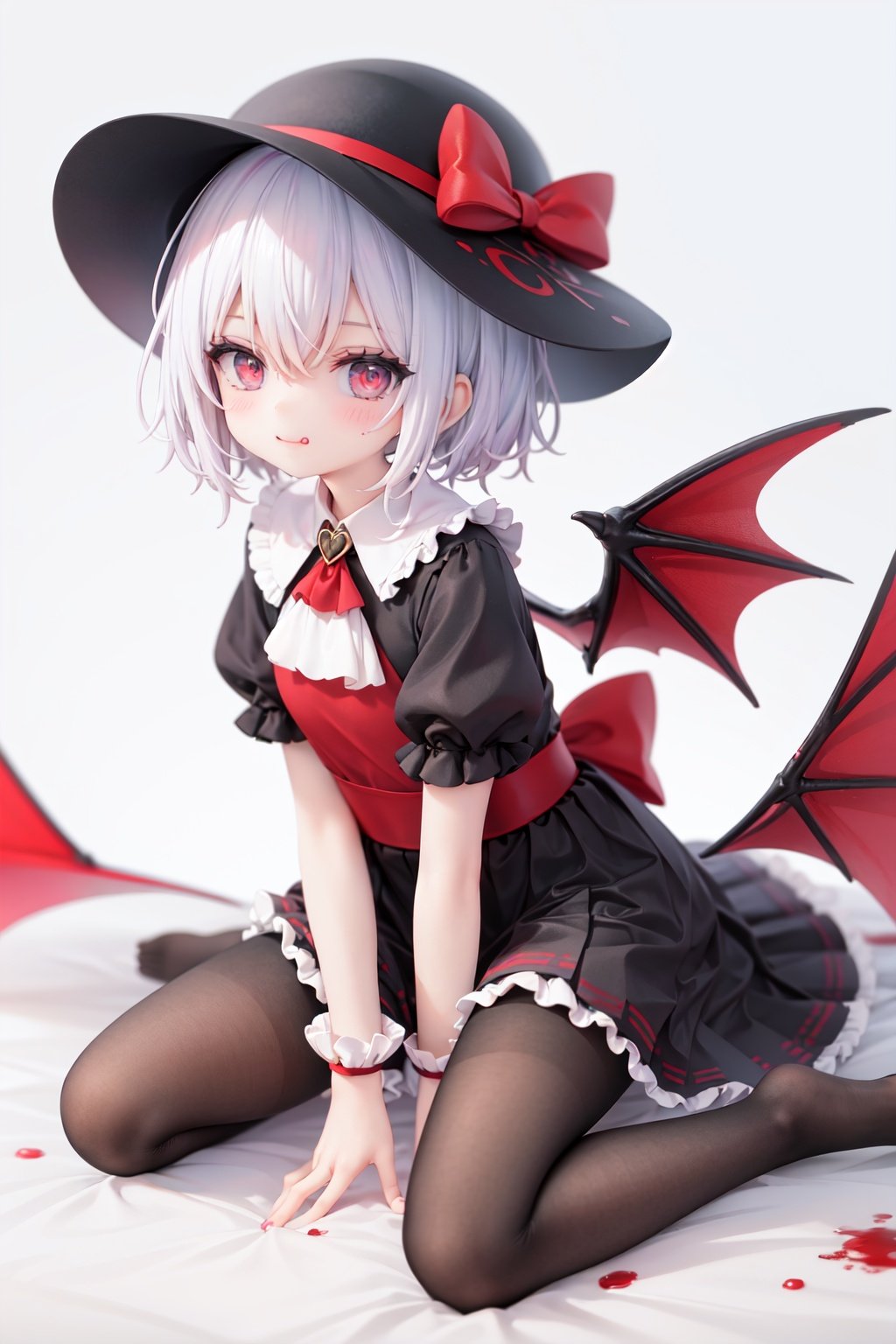 (little girl:1.4), (child:1.4),(petite:1.4), (loli:1.4),,,((solo:1.3)).,1girl, solo, wings, red eyes, hat, remilia scarlet, red background, mob cap, bat wings, ascot, blood, short sleeves, bow, short hair, ribbon, blood on hands, looking at viewer, simple background, full body, puffy sleeves, hat ribbon, blood on face, dress, brooch, red nails, pantyhose, red bow, puffy short sleeves, smile, black pantyhose, wrist cuffs, red ribbon, sitting, jewelry, red ascot, frills, hair between eyes, skirt, white dress, fingernails, sash, shirt, nail polish, no shoes, red theme, sharp fingernails, bangs, tongue, hat bow, grey hair, closed mouth, tongue out, white headwear, slit pupils, blood on clothes, skirt set, hand up, frilled sleeves, invisible chair, white skirt, vampire, frilled shirt collar/.,\nSolo,Battle, {{{{{Slash}}}}},Killing,Attacker,{{Fierce movement}},Ninja,Bloodstain,Core shadow,splatter,{Blood},{{{{Battle scene}}}},angry,Intricate,,{{{Dynamic angle}}},{Stylish pose},{High contrast,Extremely detailed CG unity 8K wallpaper} Sense of movement,blurry background,Kaotic,Lunatic,[[[[[hyper paint, rough design, flat color]]]]],Grin,Whole body,Colorful background,Intricate,Girl wearing black suit,Looking at viewers,{{Stylish}},Persona 5 style art,{{{all out attack(persona 5)}}}