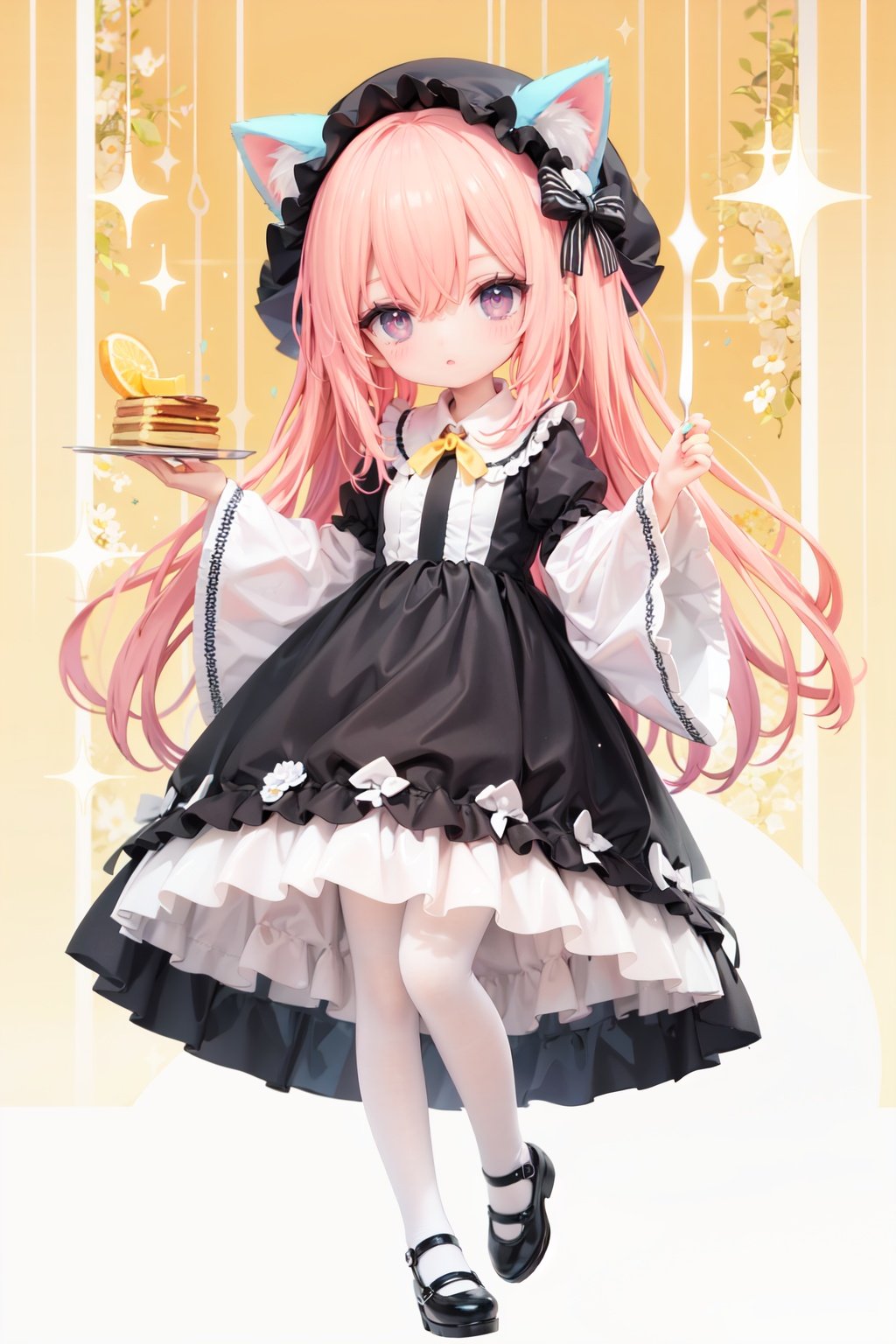 (cinematic lighting),  dreamy atmosphere,  Ray tracing,  (((solo))),  (loli:1.5),  (child:1.5),  (petite:1.5),  green eyes,  (animal ears),  dress,  solo,  food,  blonde hair,  open mouth,  long hair,  pancake,  flower,  holding,  bow,  smile,  fork,  bird,  socks,  looking at viewer,  shoes,  striped background,  holding fork,  bonnet,  striped,  frills,  long sleeves,  :d,  yellow dress,  bangs,  eyebrows visible through hair,  blush,  green nails,  hair bow,  nail polish,  diagonal stripes,  chick,  sparkle,  frilled dress,  orange bow,  fruit,  full body,  :3,  hair between eyes,  green bow,  puffy sleeves,  heart,  lemon,  orange footwear,  animal ear fluff,  white bow,  cat ears,  bobby socks,  orange headwear,  see-through sleeves,  blue background,  striped bow,  hair ornament,  white legwear,  mary janes