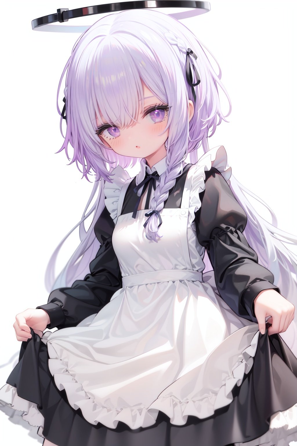 1girl,  solo,  apron,  long hair,  hair over one eye,  white background,  frills,  braid,  halo,  long sleeves,  dress,  simple background,  white hair,  white apron,  puffy sleeves,  very long hair,  frilled apron,  maid,  purple eyes,  ribbon,  parted lips,  maid apron,  bangs,  juliet sleeves,  black dress,  neck ribbon,  looking at viewer,  single braid,  blush