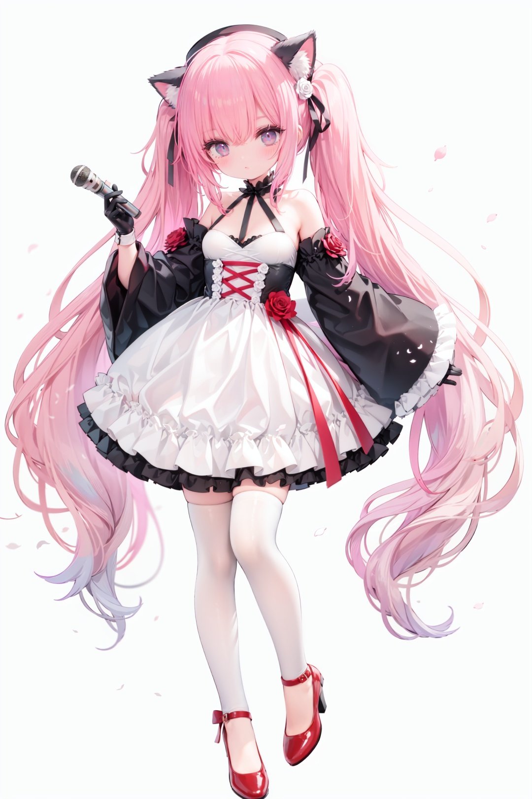 masterpiece, ((best quality)),  dynamic angle, chromatic aberration, ((colorful)),1girl, solo, flower, thighhighs, white thighhighs, gloves, red footwear, long hair, detached sleeves, animal ears, rose, blonde hair, looking at viewer, full body, hat, high heels, petals, dress, standing, twintails, wide sleeves, holding, shoes, frills, red flower, cat ears, bangs, microphone, long sleeves, white flower, hair ornament, white gloves, zettai ryouiki, bare shoulders, pink eyes, frilled dress, small breasts, breasts, closed mouth, skirt, beret, white headwear, very long hair, red eyes, red rose, white dress, blush, ribbon, black gloves, animal ear fluff, hair flower, pink flower