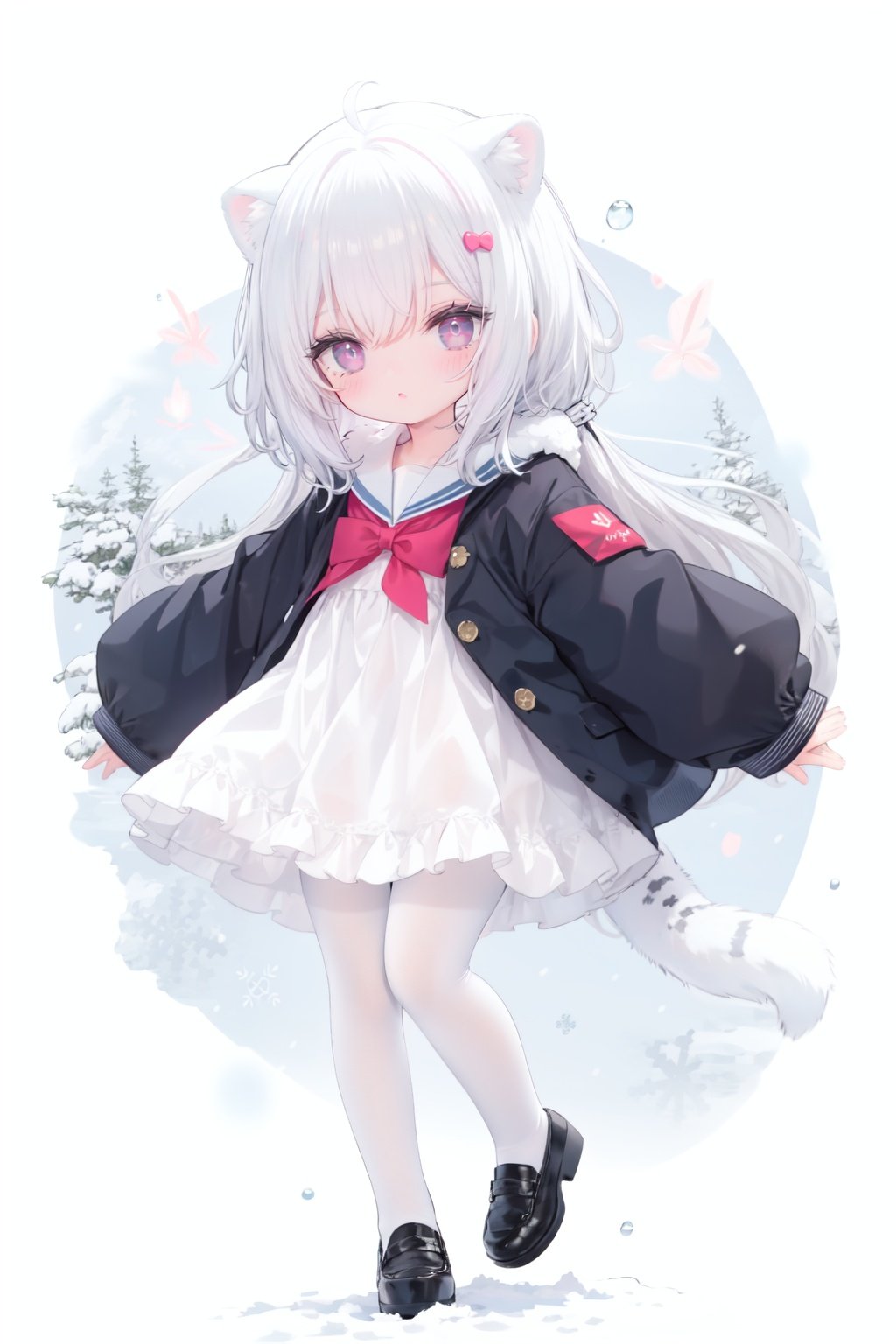 cute,Infant,solo blue shirt,blue sailor coat,loli,full body,white hair,snow leopard ear,white background,pink eyes,laugh,happy,white pantihose,white pantyhose,red armband,