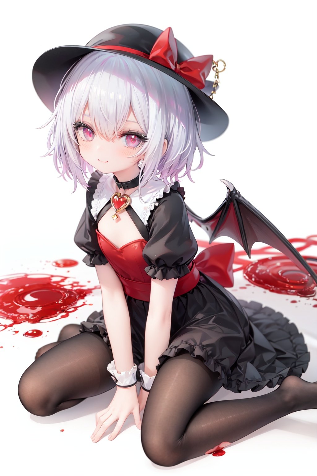 (little girl:1.4), (child:1.4),(petite:1.4), (loli:1.4),,,((solo:1.3)).,1girl, solo, wings, red eyes, hat, remilia scarlet, red background, mob cap, bat wings, ascot, blood, short sleeves, bow, short hair, ribbon, blood on hands, looking at viewer, simple background, full body, puffy sleeves, hat ribbon, blood on face, dress, brooch, red nails, pantyhose, red bow, puffy short sleeves, smile, black pantyhose, wrist cuffs, red ribbon, sitting, jewelry, red ascot, frills, hair between eyes, skirt, white dress, fingernails, sash, shirt, nail polish, no shoes, red theme, sharp fingernails, bangs, tongue, hat bow, grey hair, closed mouth, tongue out, white headwear, slit pupils, blood on clothes, skirt set, hand up, frilled sleeves, invisible chair, white skirt, vampire, frilled shirt collar/.,\nSolo,Battle, {{{{{Slash}}}}},Killing,Attacker,{{Fierce movement}},Ninja,Bloodstain,Core shadow,splatter,{Blood},{{{{Battle scene}}}},angry,Intricate,,{{{Dynamic angle}}},{Stylish pose},{High contrast,Extremely detailed CG unity 8K wallpaper} Sense of movement,blurry background,Kaotic,Lunatic,[[[[[hyper paint, rough design, flat color]]]]],Grin,Whole body,Colorful background,Intricate,Girl wearing black suit,Looking at viewers,{{Stylish}},Persona 5 style art,{{{all out attack(persona 5)}}}