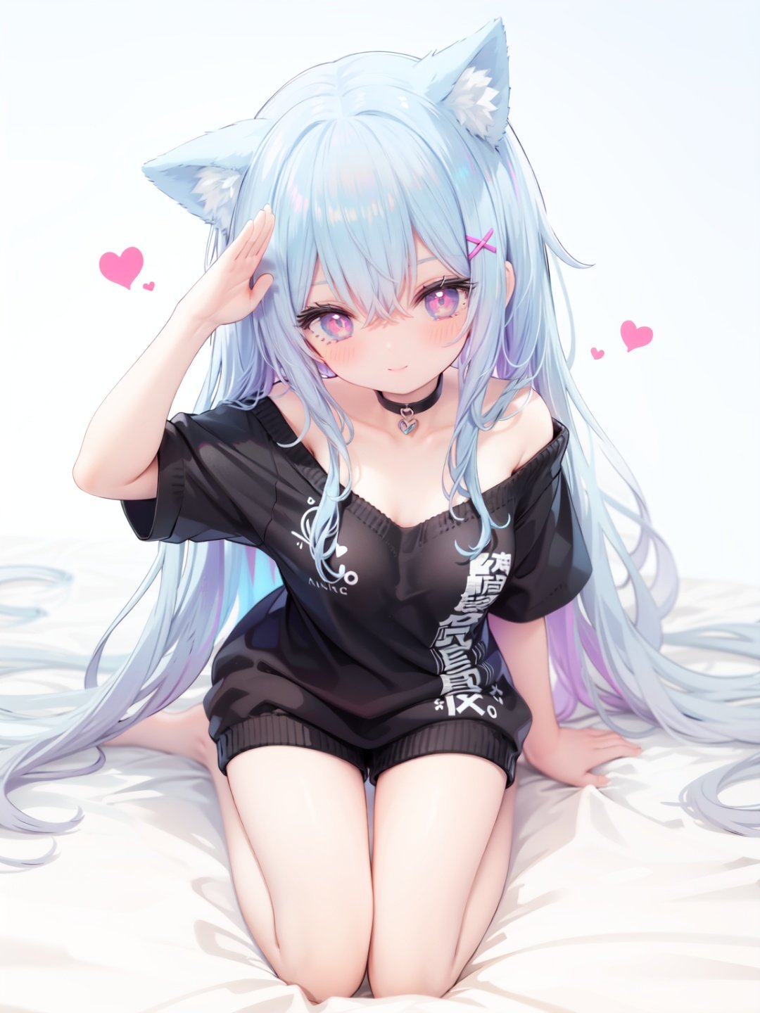 petite, loli, solo, animal ears, heart, puffy short sleeves, blue hair, long hair, off shoulder, bangs, hair ornament, gradient background,rainbow gradient, x hair ornament, animal ear fluff, looking at viewer, very long hair, blush, smile, cat ears, bare shoulders, collarbone, hand up, gradient sweater, hair between eyes, symbol-shaped pupils, arm up, heart-shaped pupils, hairclip, medium breasts, salute, bare legs,full body