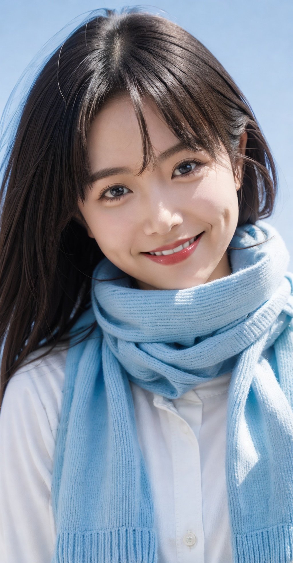 1girl, solo,upper body,blue sky,smile,scarf, shirt, looking at viewer,