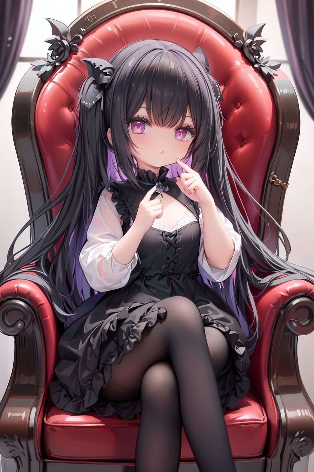 masterpiece, ((best quality)), (ultra-detailed), (illustration), an extremely delicate and beautiful girl, dynamic angle, chromatic aberration, ((colorful)),//,1girls,loli,(petite child:1.1),//,(in Gothic castle),girl with black hair,red eyes,Vertical pupil,long hair,hair arrangement,(Detailed face description),(batwing),(Gothic Lolita),(bat tail),alccandlestick,Cathedral glass,,short skirt,black pantyhose,red lace,high heels,rose tattoo,throne,sitting,crossed legs,//,