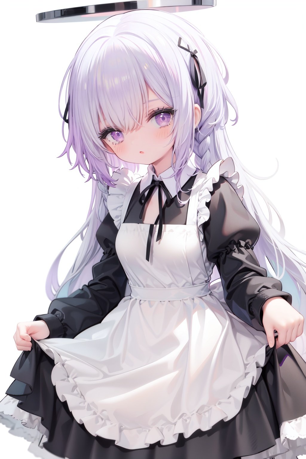 1girl,  solo,  apron,  long hair,  hair over one eye,  white background,  frills,  braid,  halo,  long sleeves,  dress,  simple background,  white hair,  white apron,  puffy sleeves,  very long hair,  frilled apron,  maid,  purple eyes,  ribbon,  parted lips,  maid apron,  bangs,  juliet sleeves,  black dress,  neck ribbon,  looking at viewer,  single braid,  blush