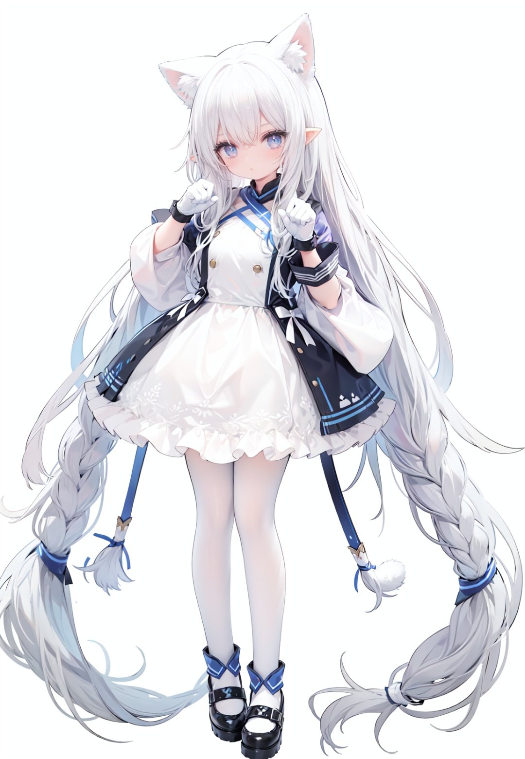 1girl, white_gloves, braid, full_body, gloves, long_hair, official_alternate_costume, pointy_ears, simple_background, solo, standing, very_long_hair, white_background,white hair,blue eyes,paw claw pose, open_mouth,