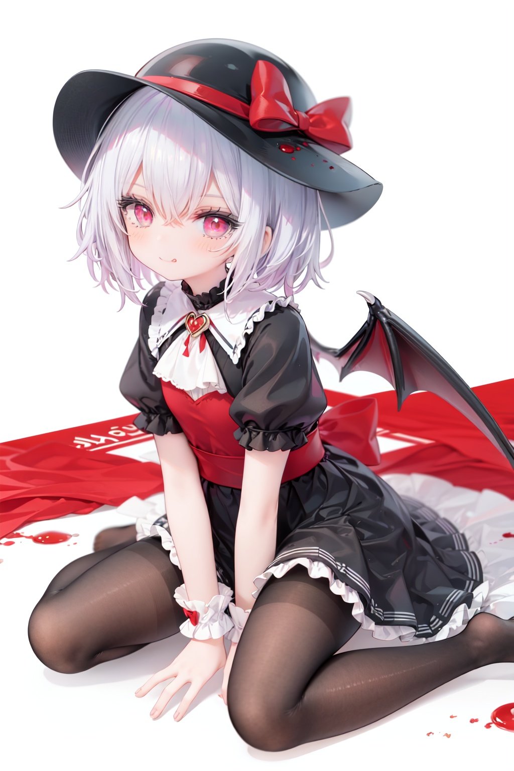 (little girl:1.4), (child:1.4),(petite:1.4), (loli:1.4),,,((solo:1.3)).,1girl, solo, wings, red eyes, hat, remilia scarlet, red background, mob cap, bat wings, ascot, blood, short sleeves, bow, short hair, ribbon, blood on hands, looking at viewer, simple background, full body, puffy sleeves, hat ribbon, blood on face, dress, brooch, red nails, pantyhose, red bow, puffy short sleeves, smile, black pantyhose, wrist cuffs, red ribbon, sitting, jewelry, red ascot, frills, hair between eyes, skirt, white dress, fingernails, sash, shirt, nail polish, no shoes, red theme, sharp fingernails, bangs, tongue, hat bow, grey hair, closed mouth, tongue out, white headwear, slit pupils, blood on clothes, skirt set, hand up, frilled sleeves, invisible chair, white skirt, vampire, frilled shirt collar/.,\nSolo,Battle, {{{{{Slash}}}}},Killing,Attacker,{{Fierce movement}},Ninja,Bloodstain,Core shadow,splatter,{Blood},{{{{Battle scene}}}},angry,Intricate,,{{{Dynamic angle}}},{Stylish pose},{High contrast,Extremely detailed CG unity 8K wallpaper} Sense of movement,blurry background,Kaotic,Lunatic,[[[[[hyper paint, rough design, flat color]]]]],Grin,Whole body,Colorful background,Intricate,Girl wearing black suit,Looking at viewers,{{Stylish}},Persona 5 style art,{{{all out attack(persona 5)}}}