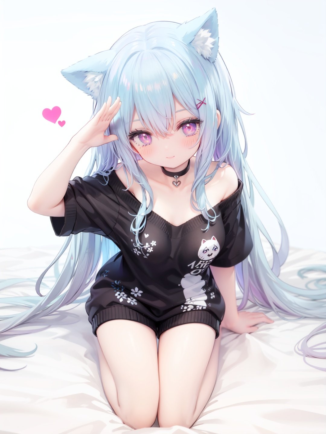 petite, loli, solo, animal ears, heart, puffy short sleeves, blue hair, long hair, off shoulder, bangs, hair ornament, gradient background,rainbow gradient, x hair ornament, animal ear fluff, looking at viewer, very long hair, blush, smile, cat ears, bare shoulders, collarbone, hand up, gradient sweater, hair between eyes, symbol-shaped pupils, arm up, heart-shaped pupils, hairclip, medium breasts, salute, bare legs,full body