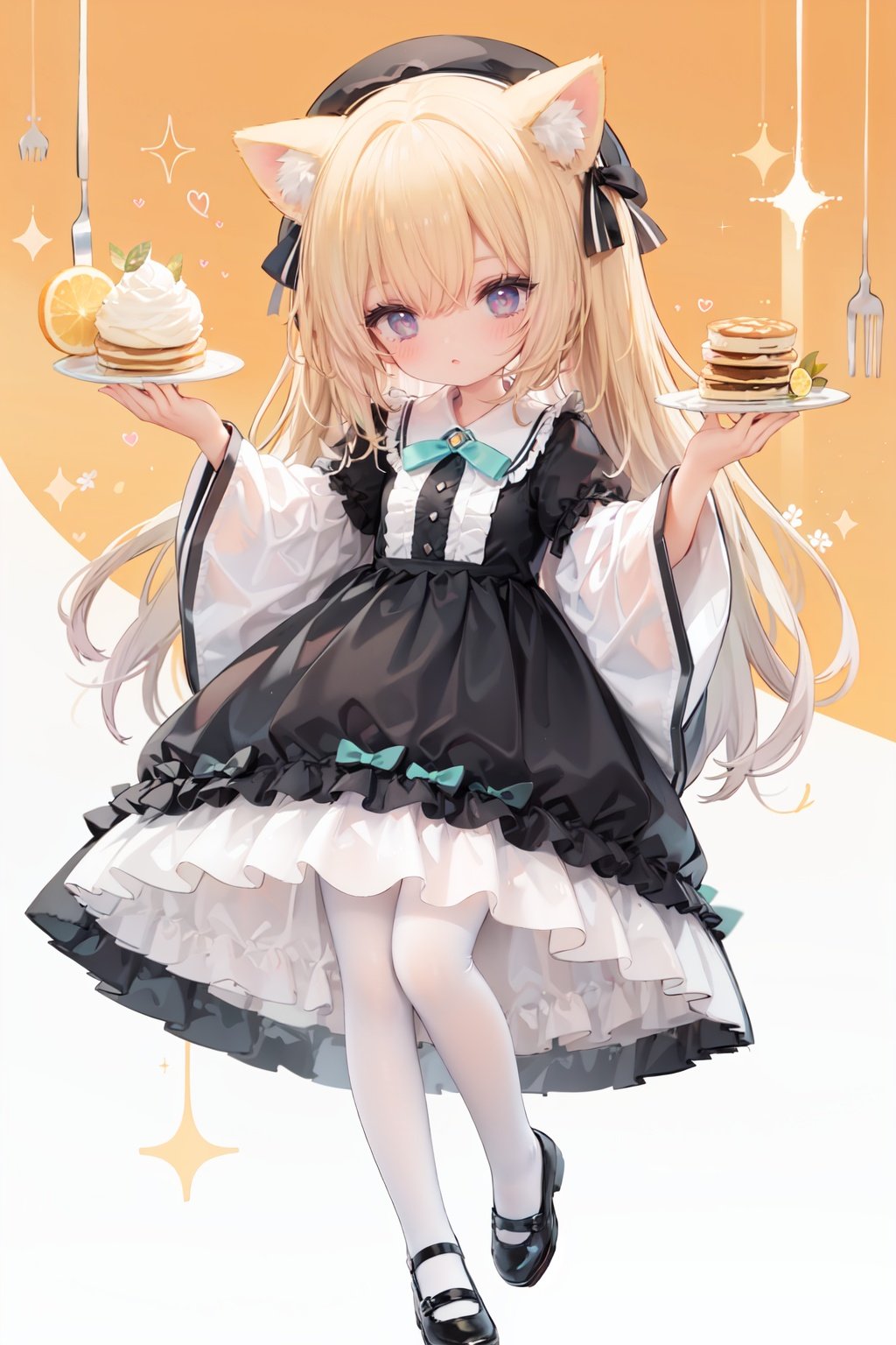 (cinematic lighting),  dreamy atmosphere,  Ray tracing,  (((solo))),  (loli:1.5),  (child:1.5),  (petite:1.5),  green eyes,  (animal ears),  dress,  solo,  food,  blonde hair,  open mouth,  long hair,  pancake,  flower,  holding,  bow,  smile,  fork,  bird,  socks,  looking at viewer,  shoes,  striped background,  holding fork,  bonnet,  striped,  frills,  long sleeves,  :d,  yellow dress,  bangs,  eyebrows visible through hair,  blush,  green nails,  hair bow,  nail polish,  diagonal stripes,  chick,  sparkle,  frilled dress,  orange bow,  fruit,  full body,  :3,  hair between eyes,  green bow,  puffy sleeves,  heart,  lemon,  orange footwear,  animal ear fluff,  white bow,  cat ears,  bobby socks,  orange headwear,  see-through sleeves,  blue background,  striped bow,  hair ornament,  white legwear,  mary janes