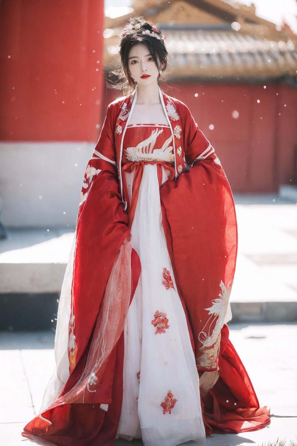 arien_hanfu,1girl,red style,looking at viewer,sunlight, snow, hanfu,full body,  <lora:hanfu_dress3-000005:0.8>