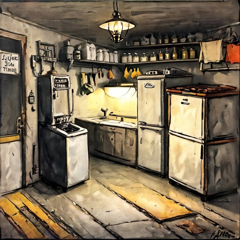 ((best quality)), ((masterpiece)), ((realistic,digital art)), (hyper detailed),ZilleAI Laundry Room, Floor Lamp,Dishwasher, Tuff stone and Epoxy Flooring, Incandescent Bulbs, Fiber Optic Lighting  <lora:Zille_Style:1>