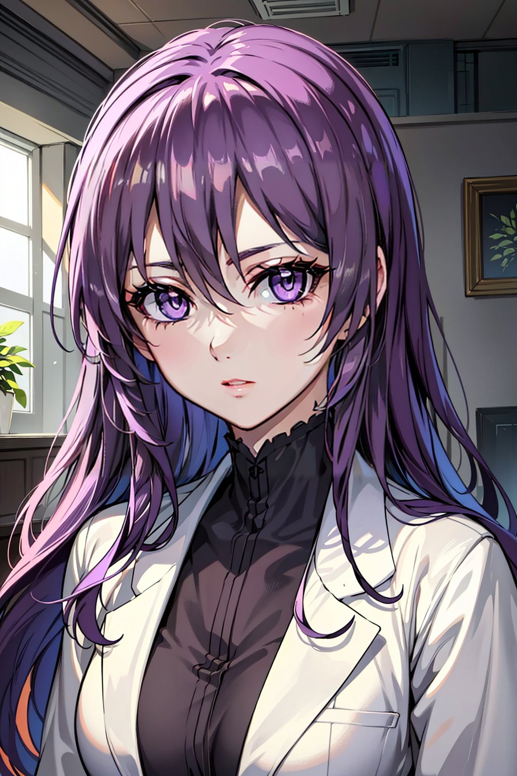 realistic, photo,1girl, masterpiece, best quality, ultra-detailed, illustration, beautiful detailed eyes, looking at viewer ,1girl, solo,(best quality),(masterpiece:1.1), upper body, looking_at_viewer, dynamic angle, labcoat, cute, clear facial skin, purple hair, purple eyes 