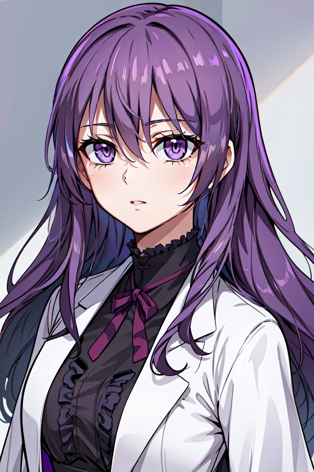 realistic, photo,1girl, masterpiece, best quality, ultra-detailed, illustration, beautiful detailed eyes, looking at viewer ,1girl, solo,(best quality),(masterpiece:1.1), upper body, looking_at_viewer, dynamic angle, labcoat, cute, clear facial skin, purple hair, purple eyes 