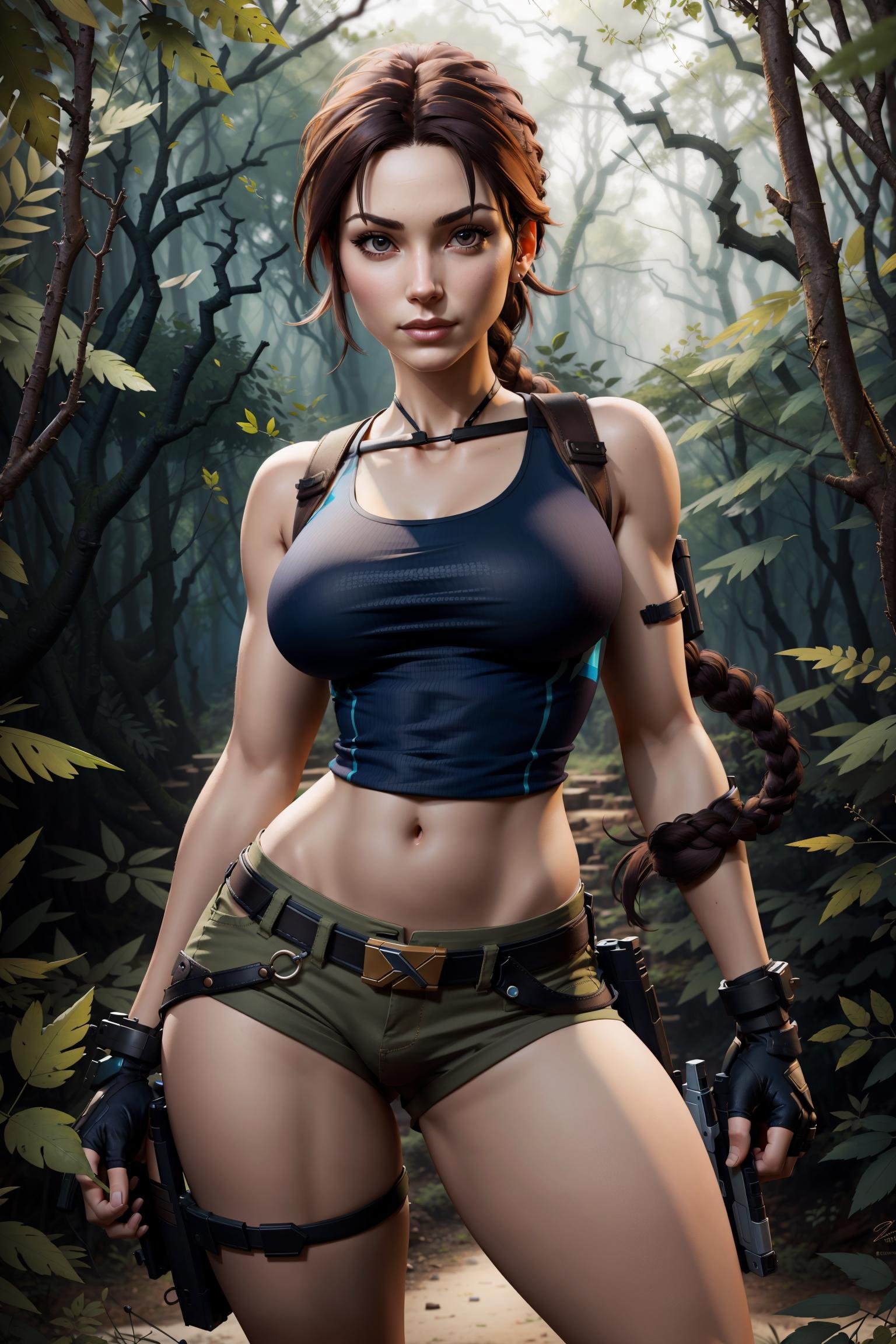 (masterpiece, high quality, action pose, single braid, perfect eyes), 1 girl, dark jungle background, large hips, breast, flirt, lara croft, single braid, blue tank top, brown shorts, fingerless gloves <lora:3DMM_V12:0.75>   <lora:tombraider_classiclaracroft-11:0.7>