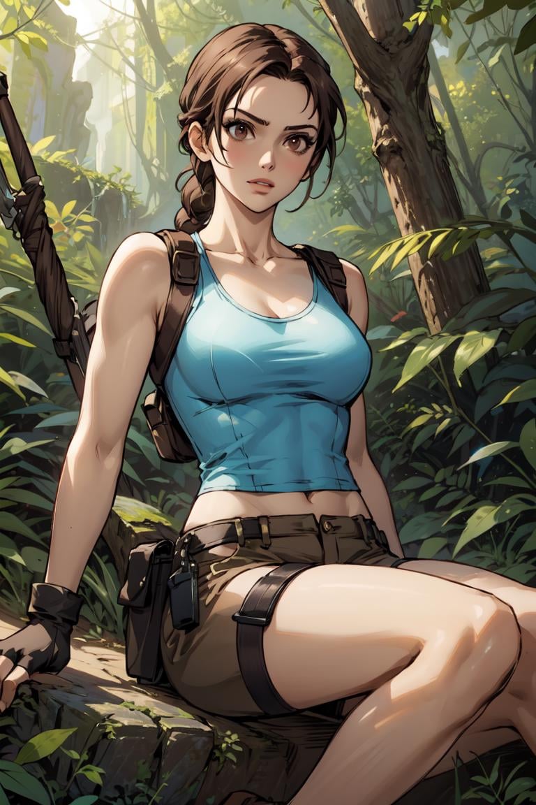 best quality, masterpiece, <lora:more_details:0.3>,<lyco:GoodHands-beta2:1>, nijistyle lara croft, single braid, blue tank top, brown shorts, fingerless gloves, holster <lora:sxz-niji-v2:0.5> <lora:tombraider_classiclaracroft:0.6>