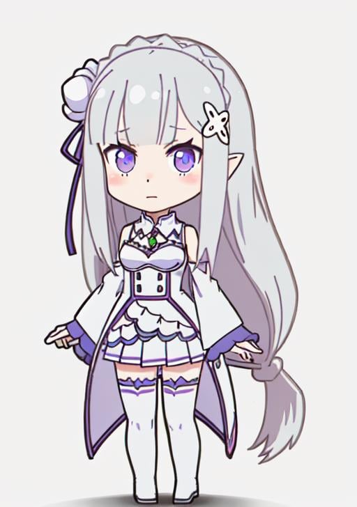 best quality, masterpiece, <lora:Emilia-000010:0.7>, Chibiemi, phemilia, 1girl, solo, chibi, thighhighs, grey hair, low-tied long hair, indoors, detached sleeves, looking at viewer, skirt, pleated skirt, dress, blush, standing, zettai ryouiki, wide sleeves, bare shoulders, white thighhighs, full body, breasts, elf, white skirt, very long hair, white dress, white background, simple background, 